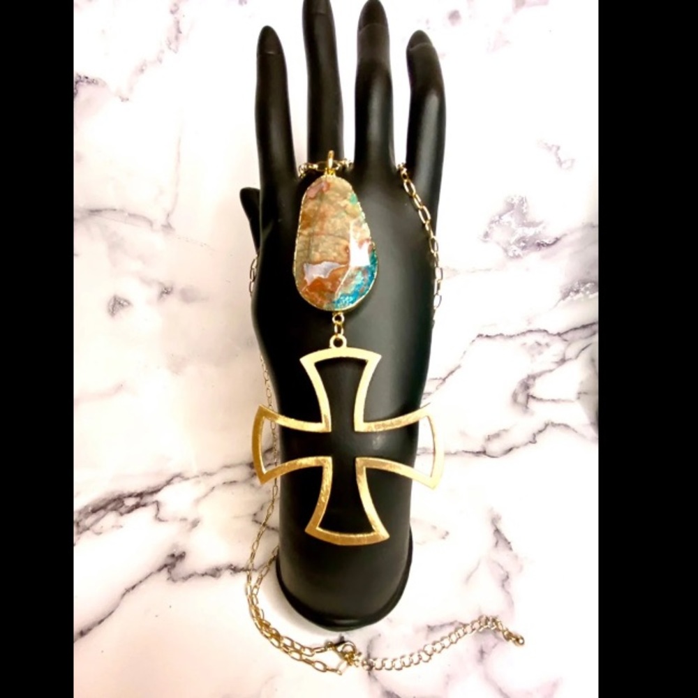 Long Cross Necklace with Gemstone